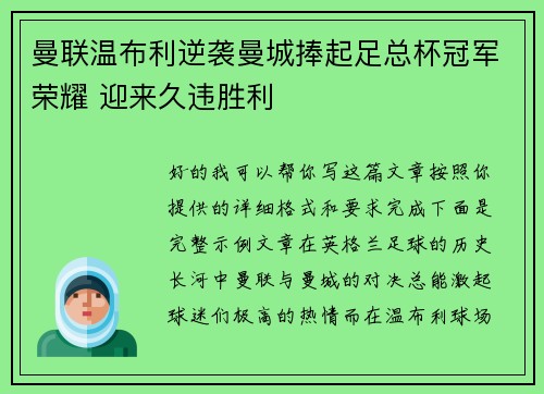 曼联温布利逆袭曼城捧起足总杯冠军荣耀 迎来久违胜利 曼联温布利逆袭曼城捧起足总杯冠军荣耀 迎来久违胜利