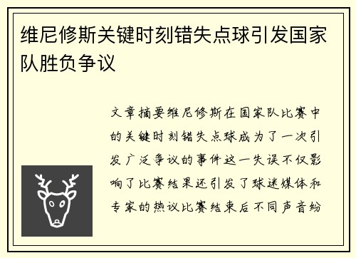 维尼修斯关键时刻错失点球引发国家队胜负争议
